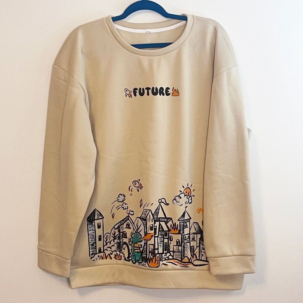Future Cartoon and Letter Graphic Thermal Lined Sweatshirt Cream/Ivory XL Unisex